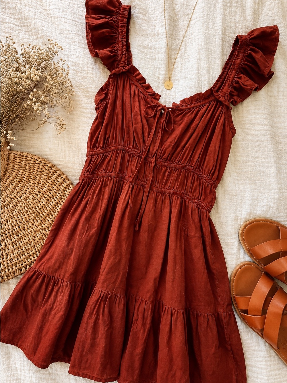 Gap Rust Cotton Ruffle Smocked Mini Dress Size S